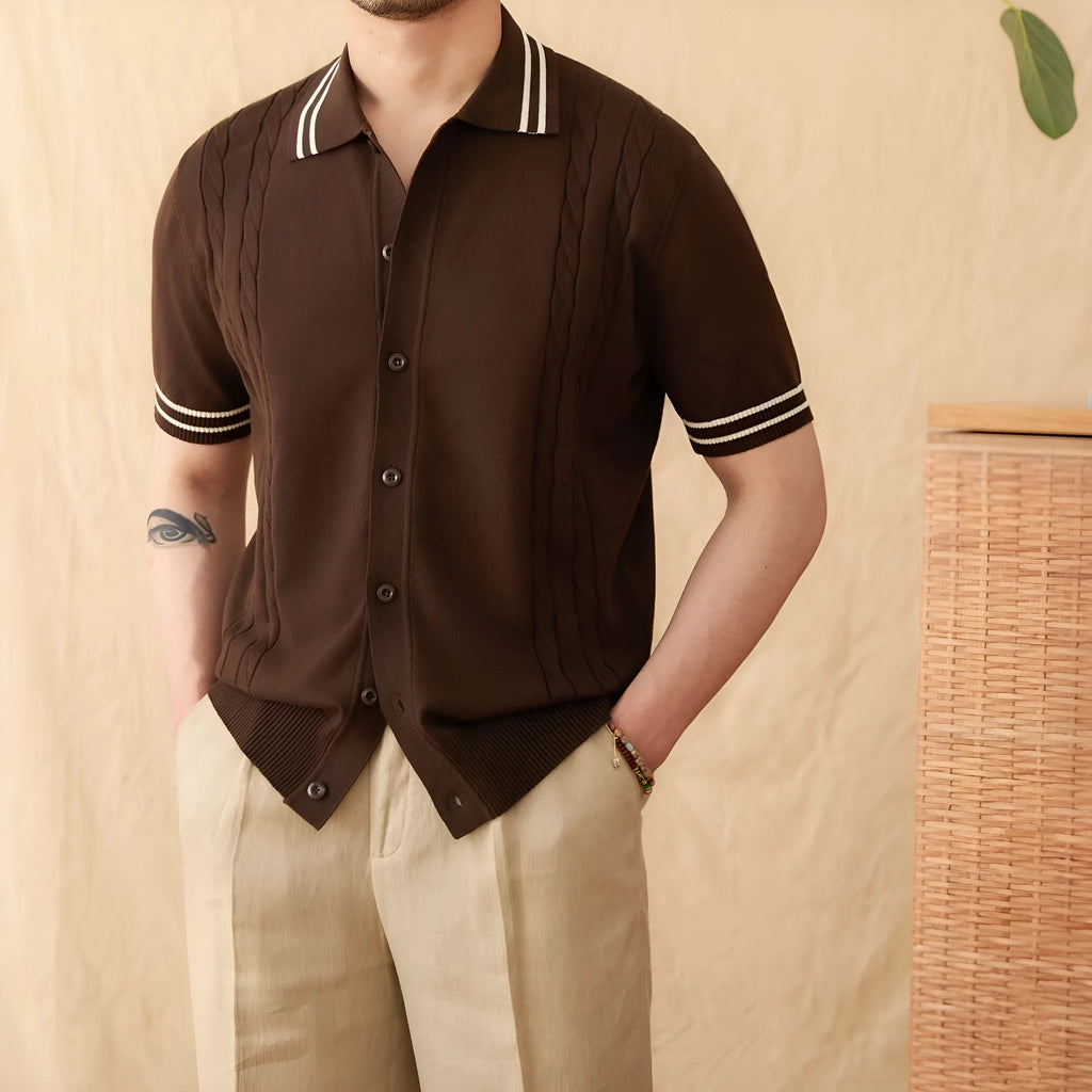 Short-sleeved lapel collar polo shirt in a light apricot colour, made from thin knitted cotton blend fabric.