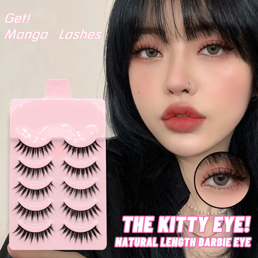 Pack of 15 pairs of natural wispy manga false eyelashes on black plastic bands for cosplay.