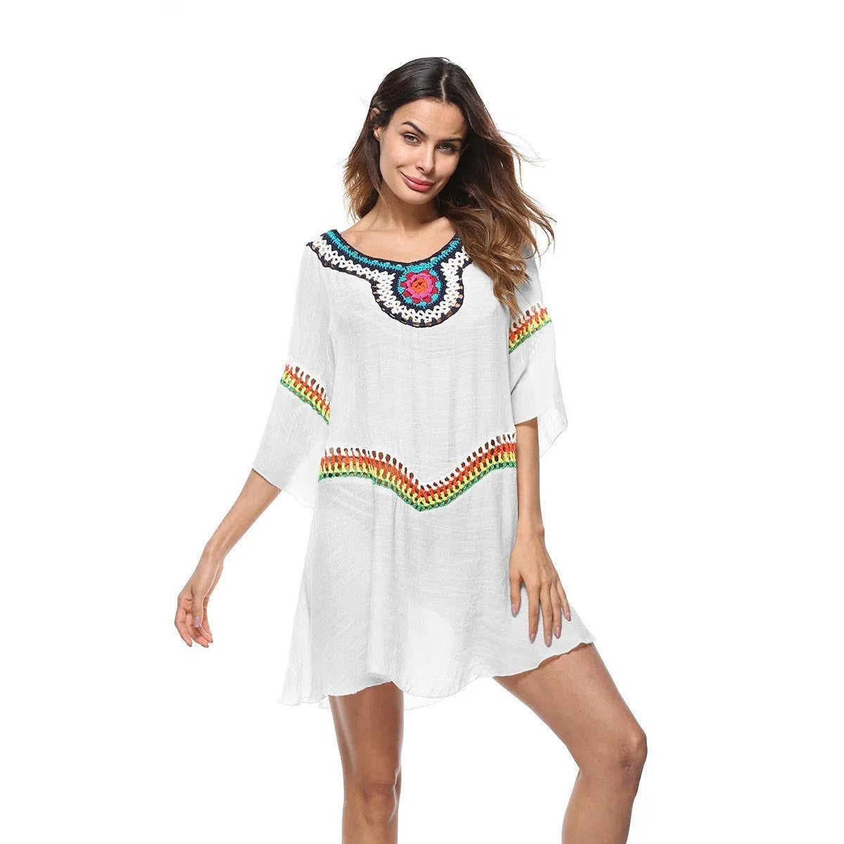 Crocheted ethnic style beach cover-up clothing for women in acrylic polyester fabric