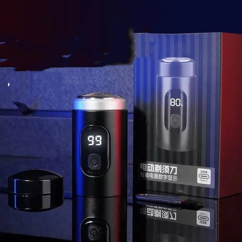 Black portable rechargeable shaver with USB charging cable and cleaning brush