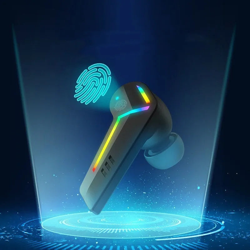 Small black TWS Bluetooth sports headset with earplug design for low-latency gaming and music.