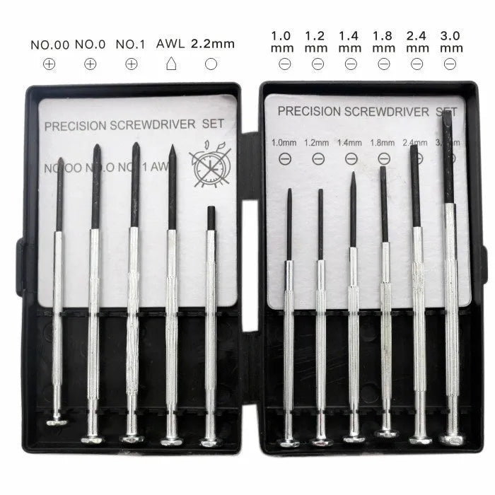 11-piece clock repair screwdriver set with cross and slotted heads for electronics maintenance