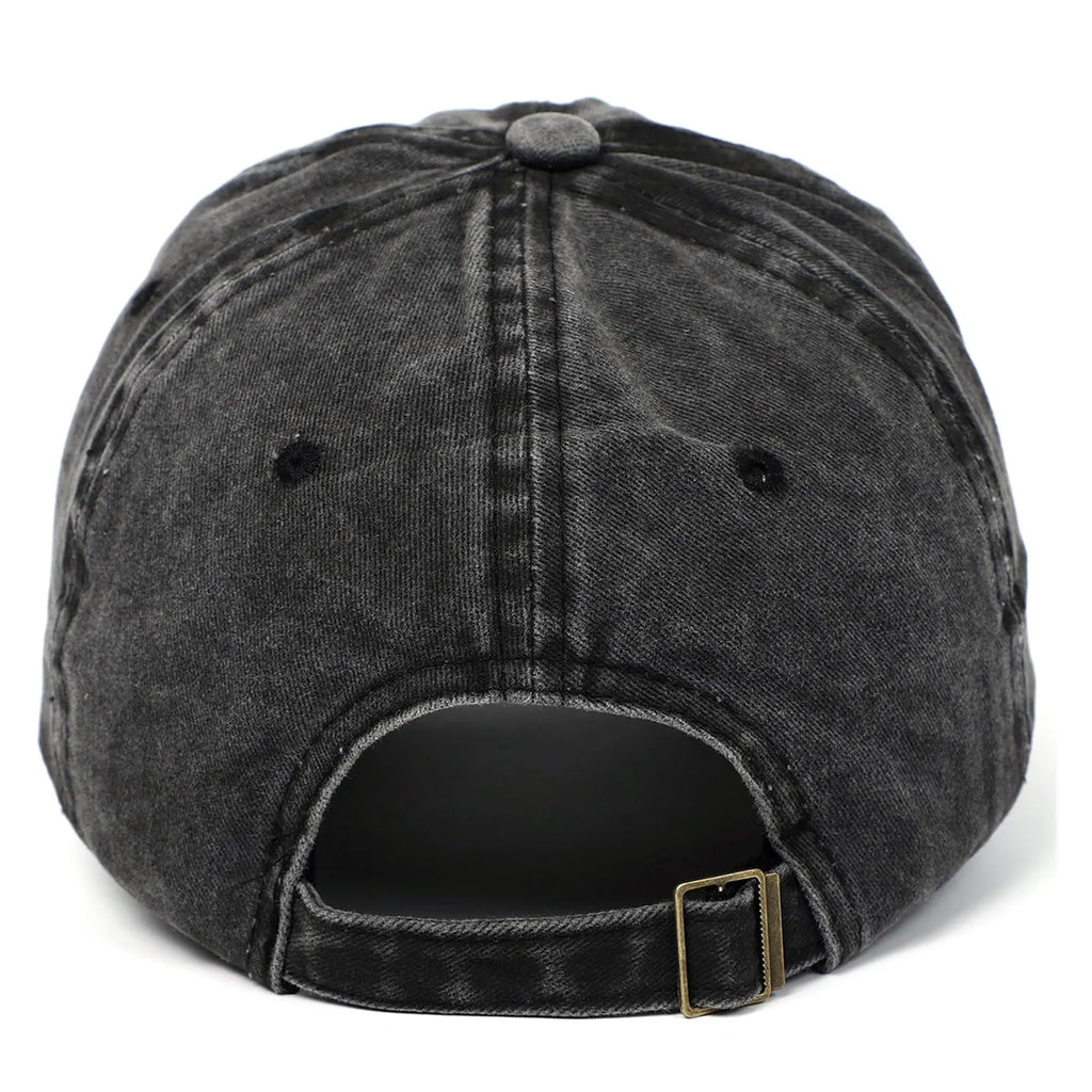 Retro baseball cap with embroidered heart design on front, adjustable back strap, dome crown