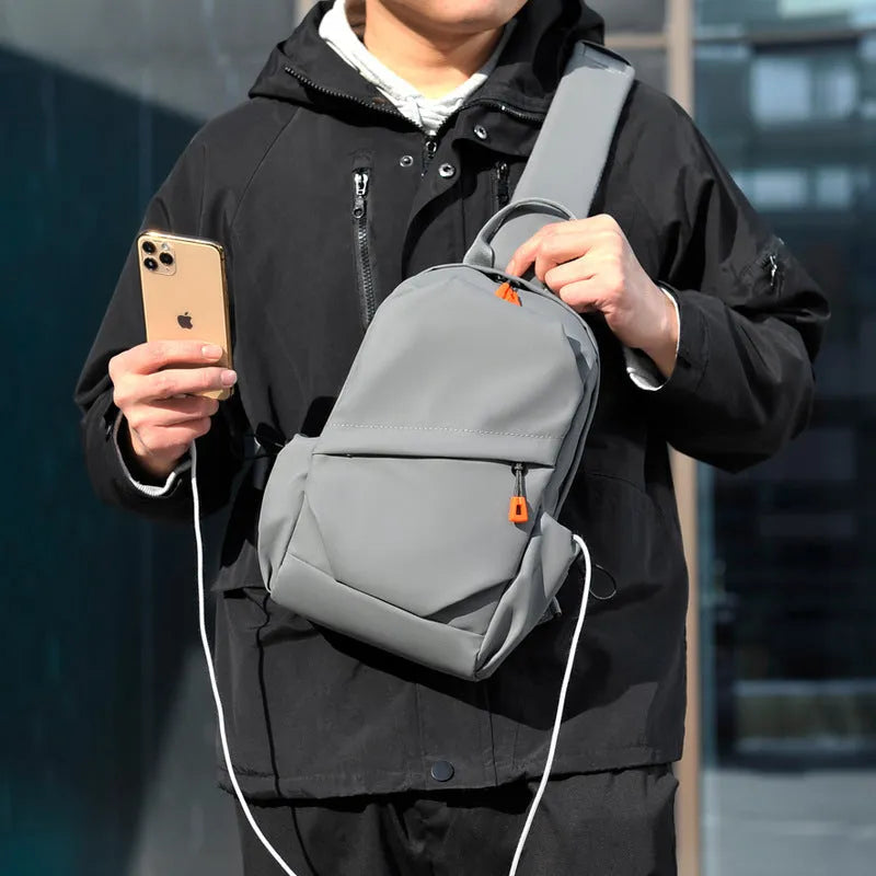 Black and grey waterproof polyester crossbody bag for men with single shoulder strap