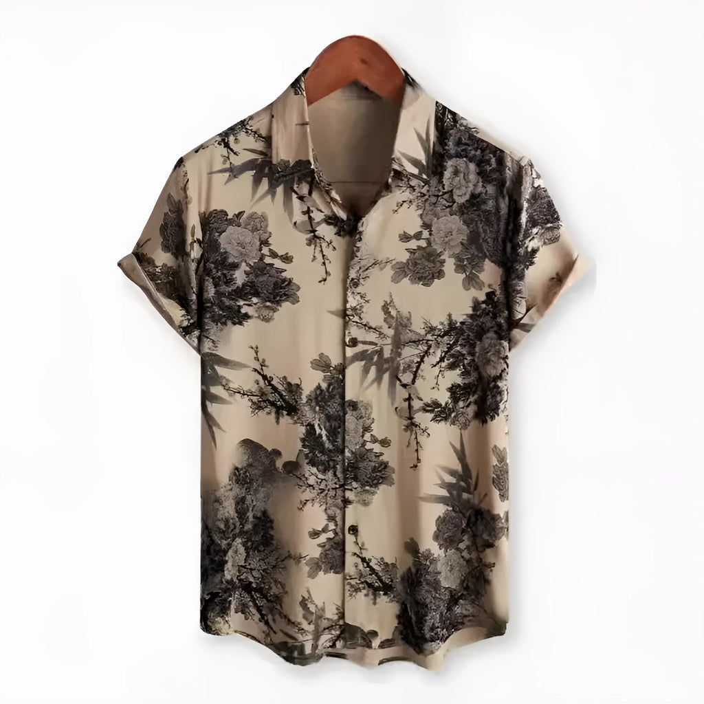 Hawaiian floral print short sleeve shirt with lapel collar in elastic polyester fabric