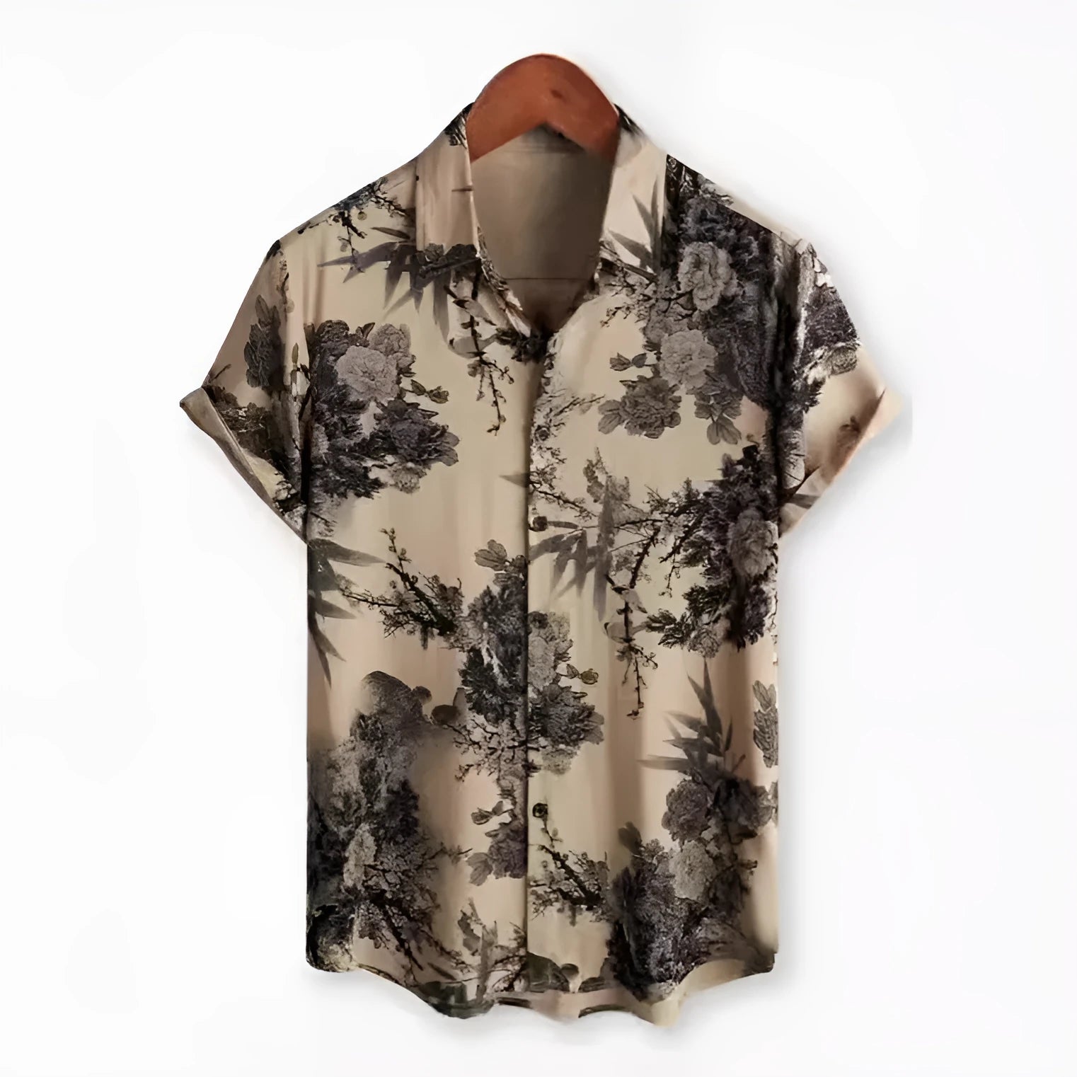 Hawaiian floral print short sleeve shirt with lapel collar in elastic polyester fabric
