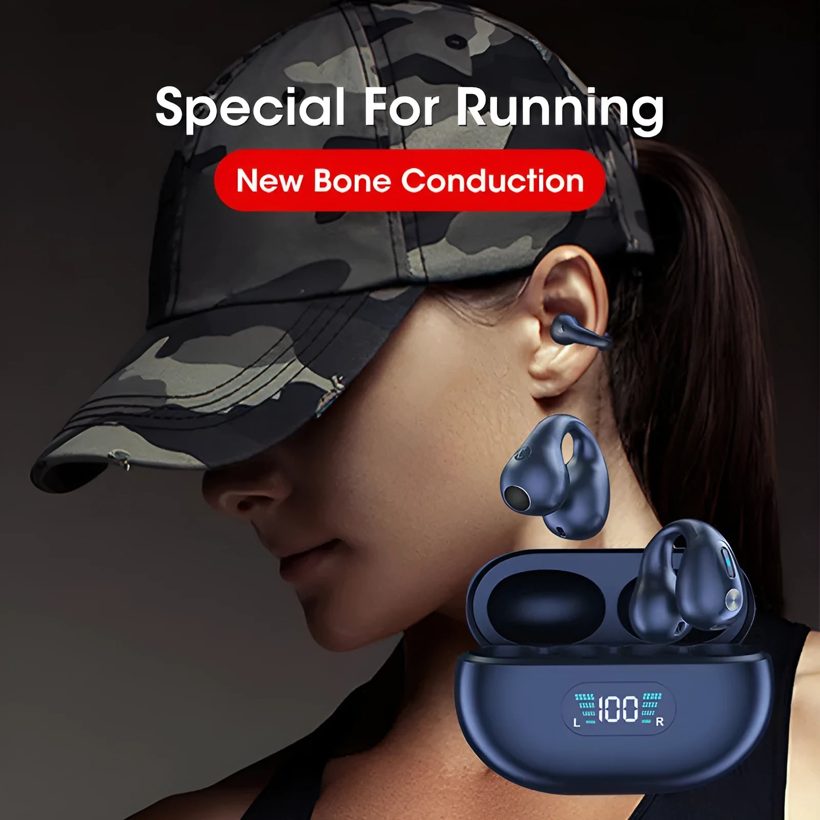 Bone conduction Bluetooth headset with ear clip in black, white, or khaki colour options.