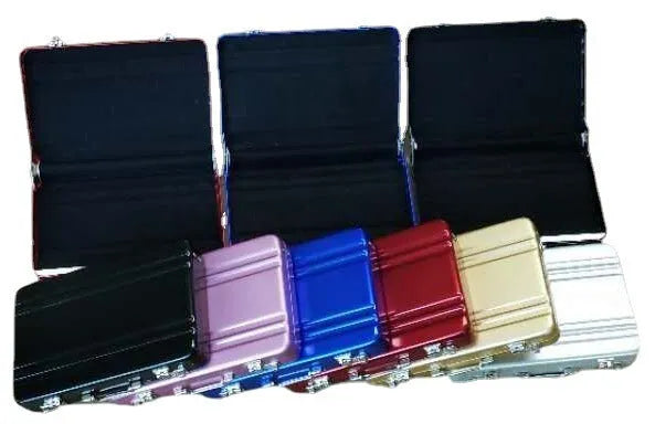 Slim aluminium alloy RFID blocking card holder in six colour options showing dimensions.