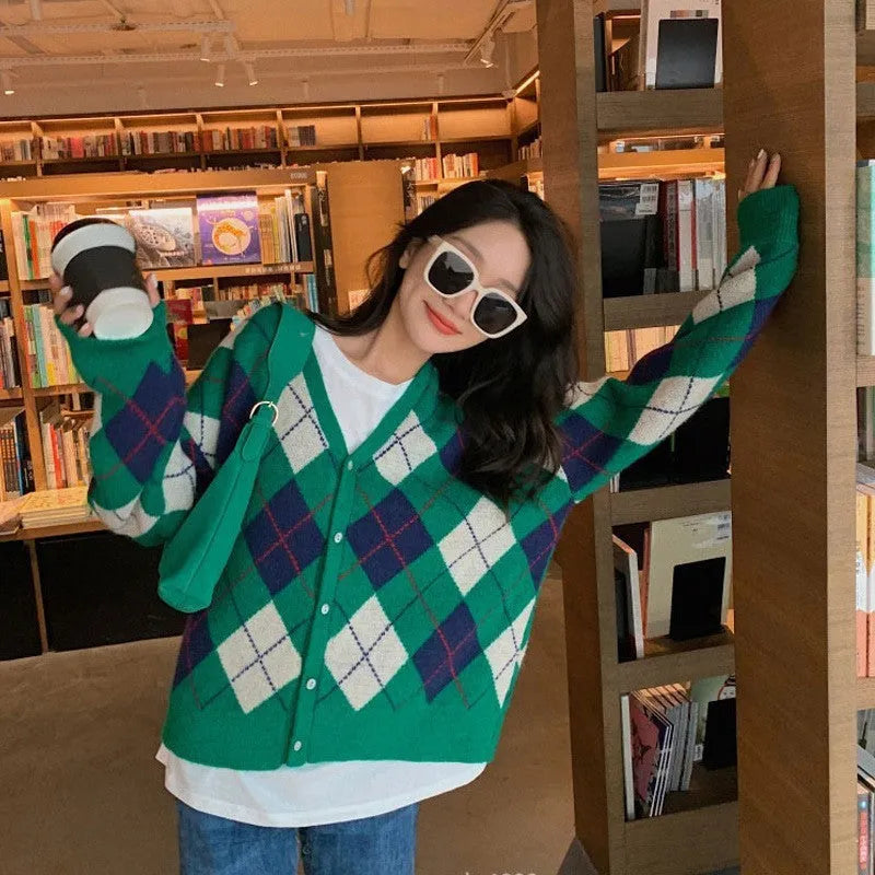Knitted casual cardigan in macaron colours including pink, green, black for Japanese Korean style wear
