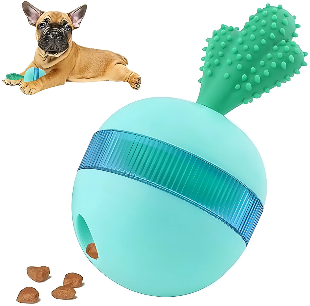 Blue and green durable rubber treat dispensing dog toy ball with small holes for medium large dogs