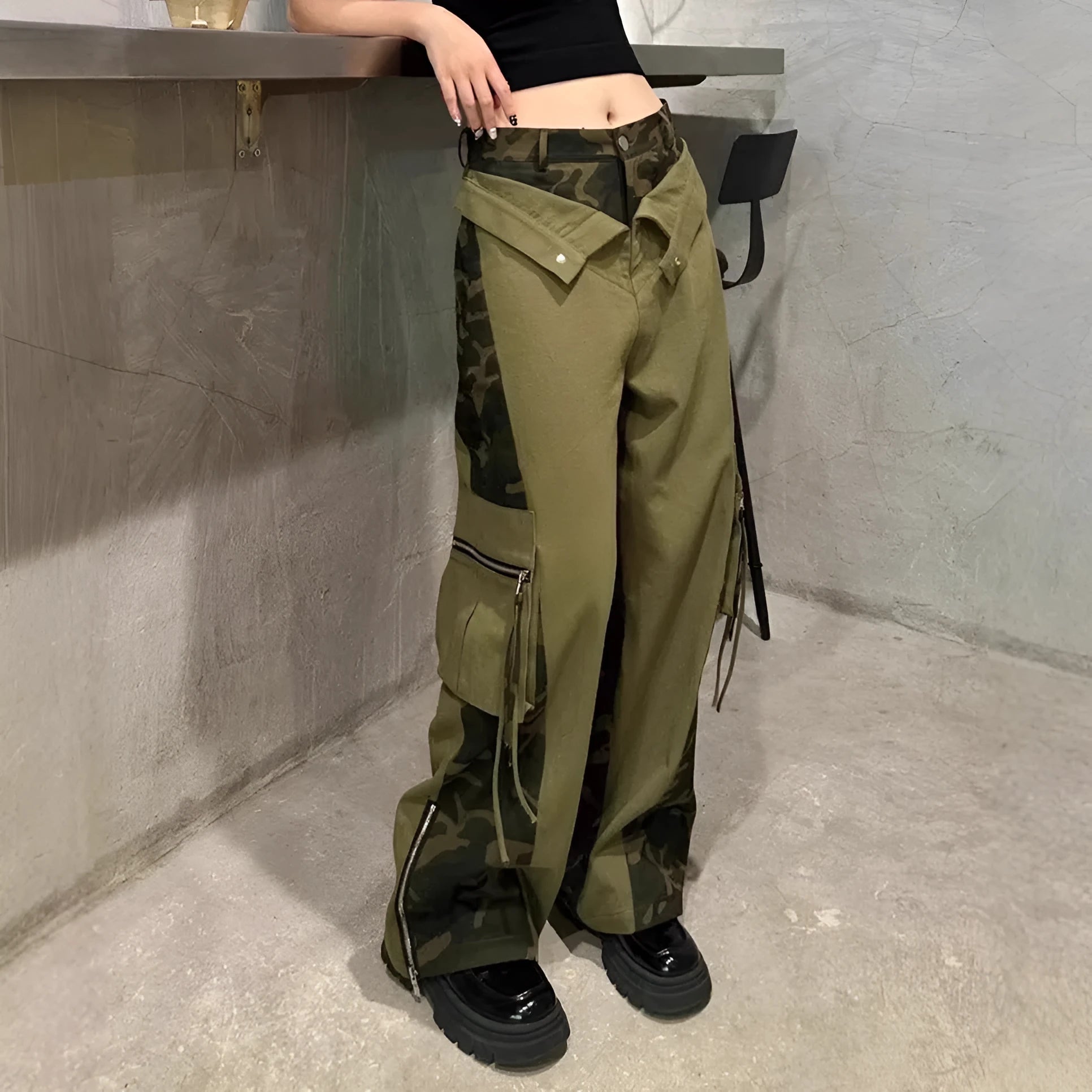Women's high waist straight leg jeans with leopard print detail on dark khaki denim