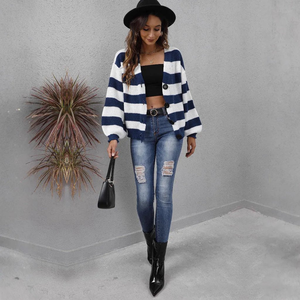 Women's striped deer plush fabric cardigan sweater in blue colour with button front
