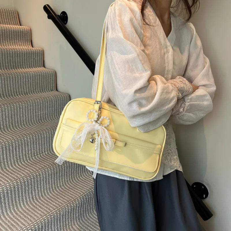 PU leather single-shoulder flap bag in horizontal square shape with double joint straps