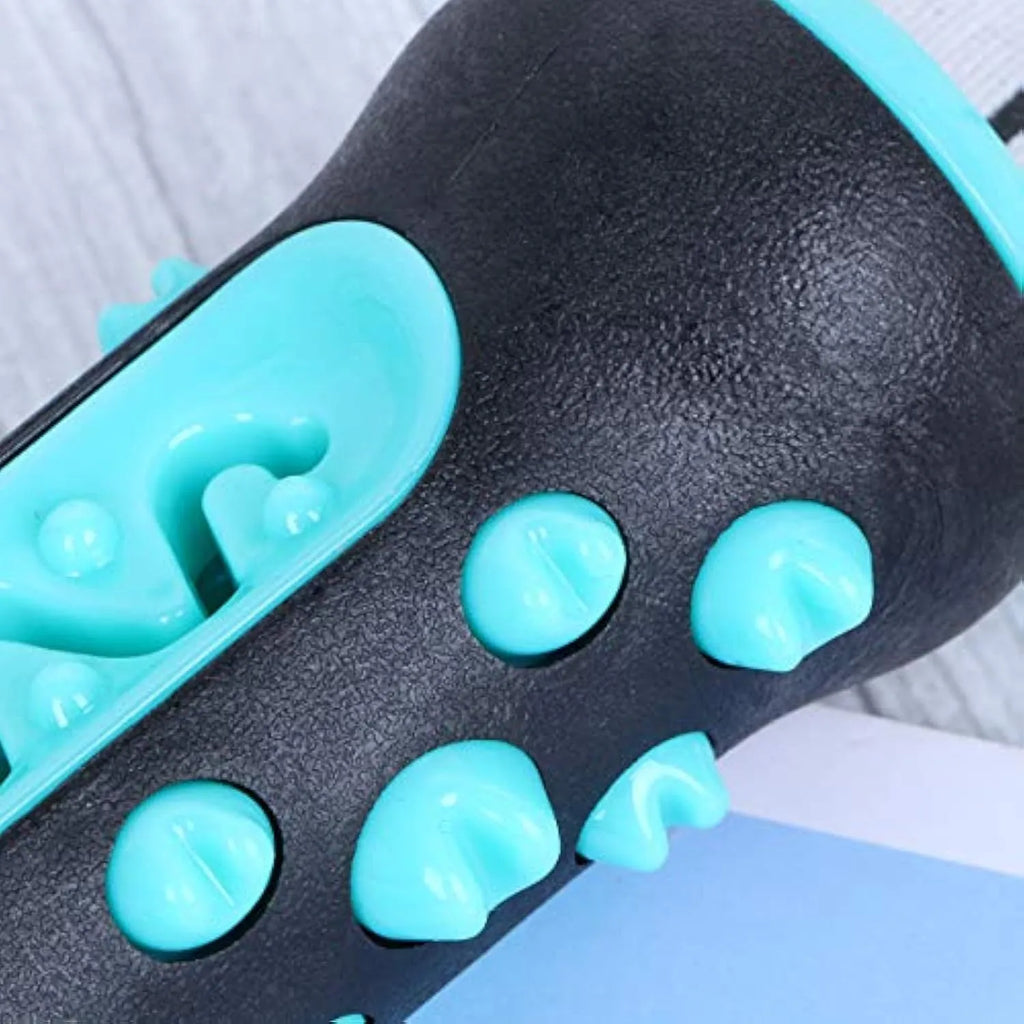 Natural rubber dog toothbrush chew toy in blue colour showing textured dental cleaning surface