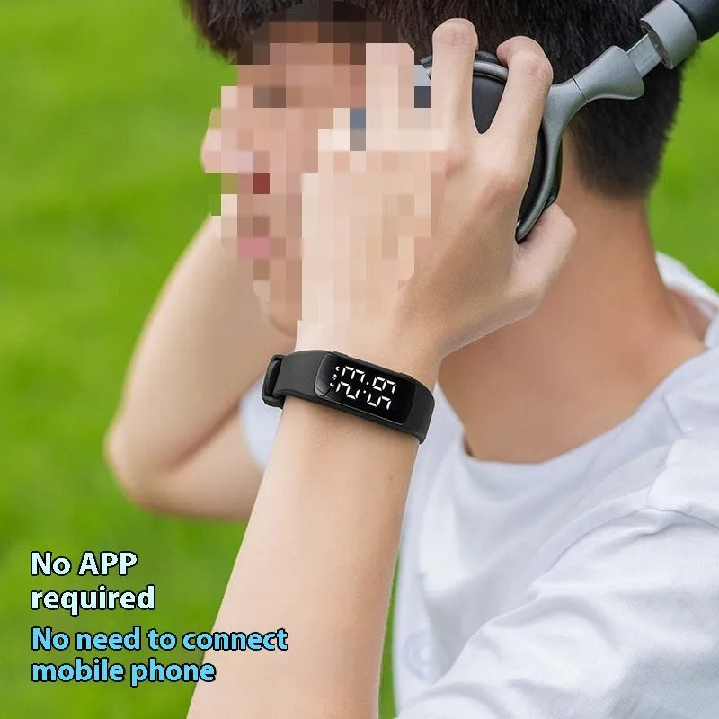 Vibration alarm smartwatch with LED display on a silicone strap, shown in a colour option.