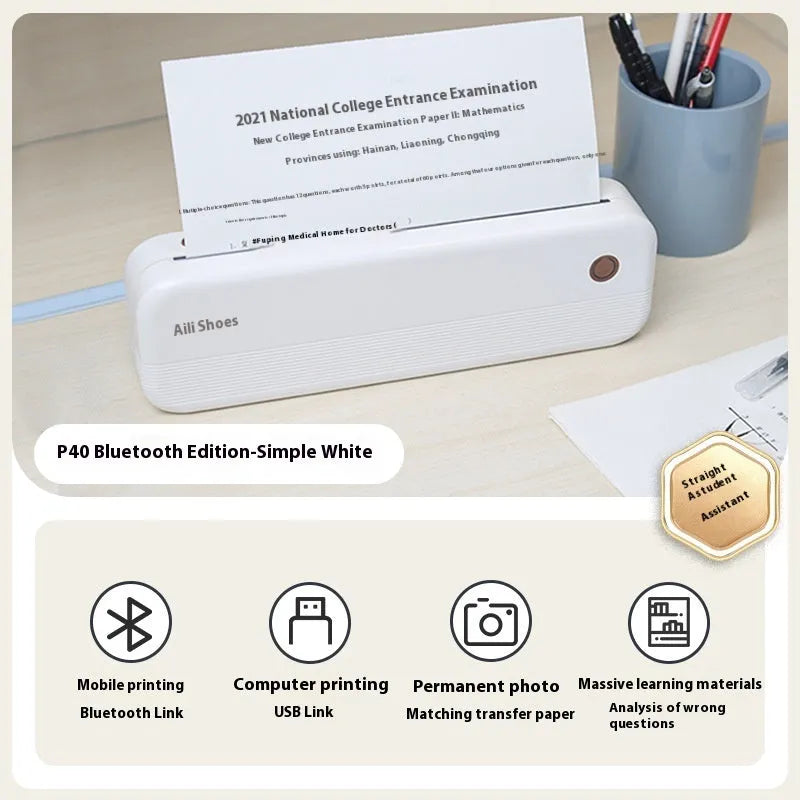 P40 small portable thermal A4 printer in Tiffany blue or white, showing compact size next to A4 paper.