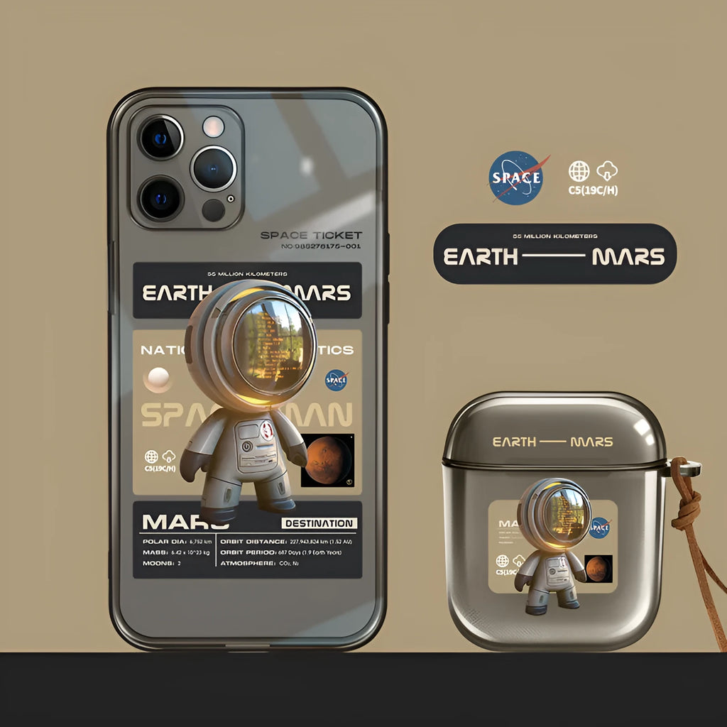 Black TPU iPhone case showing Mars ticket design pattern on back