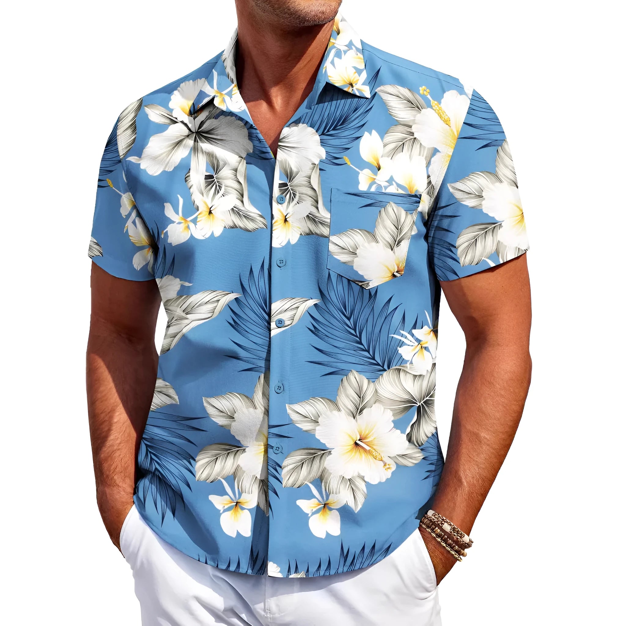 Men's slim fit Hawaiian short sleeve shirt cardigan in elastic polyester fabric