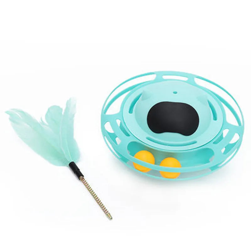 Pink plastic cat tumbler turntable toy with colourful balls measuring 17x10cm
