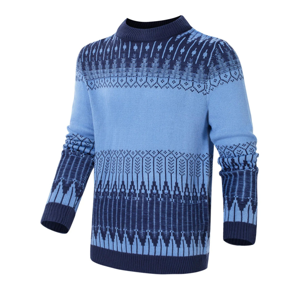 Men's soft knitted long-sleeved pullover sweater on a model, showing style variation.