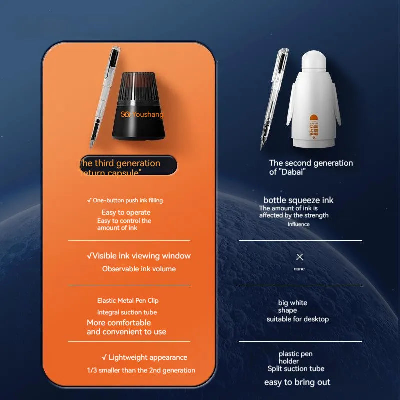 Student automatic suction pen set with plastic shell, choice of 0.38mm or 0.5mm nib, ink feeder, and storage handbag