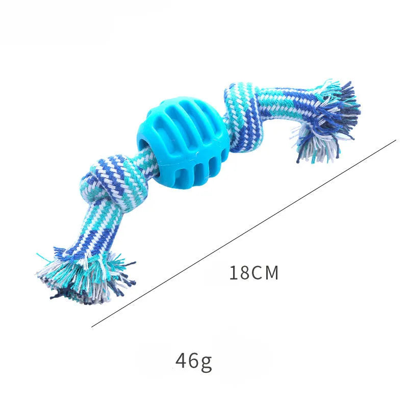 Blue dog chew toy with molar-shaped rubber section and dental cleaning rope strands