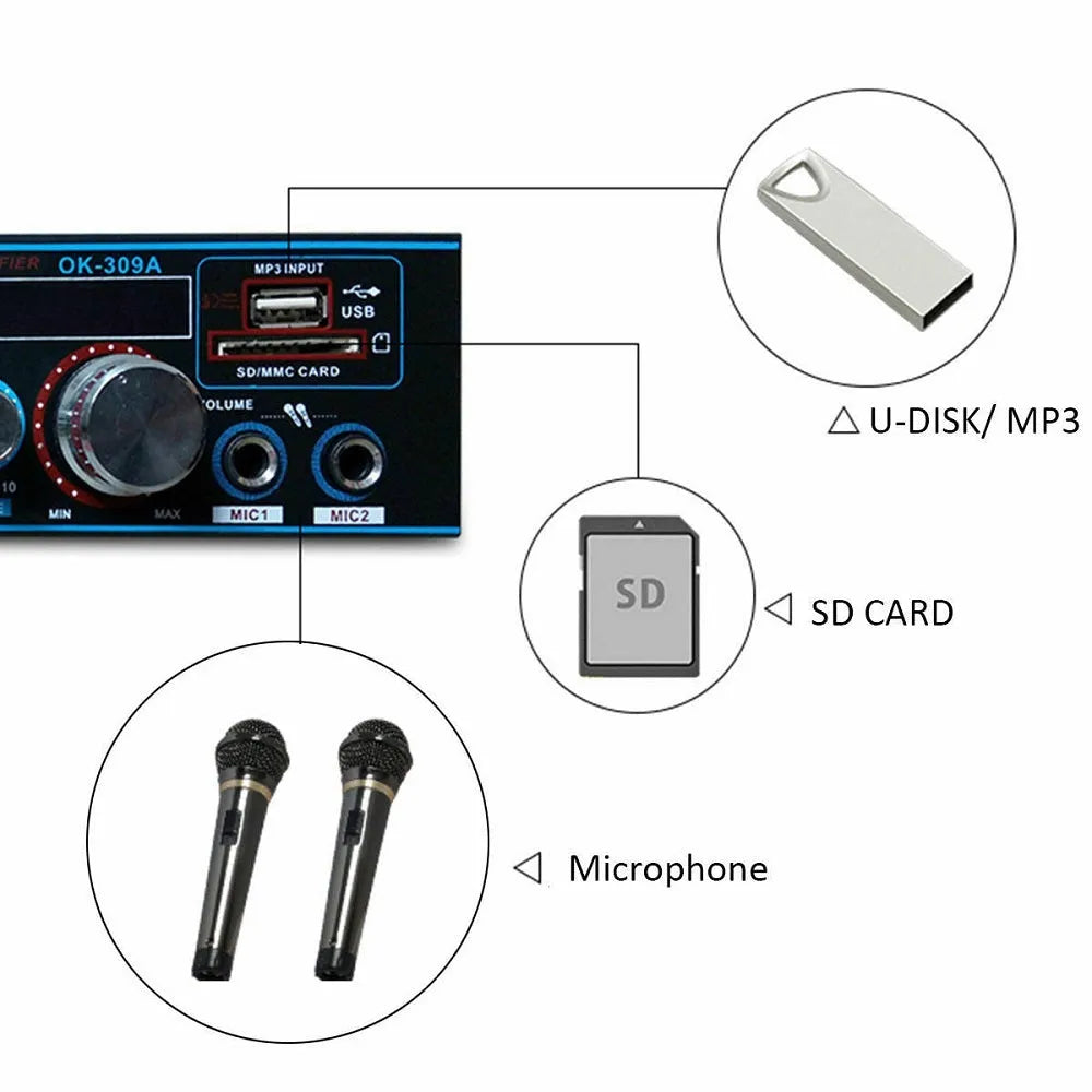 Black BT-309A-A dual-purpose power amplifier with Bluetooth, front panel controls, and wire clamp connections