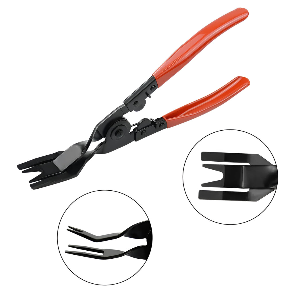 Red-handled steel automotive nailing tool for General Motors door panels