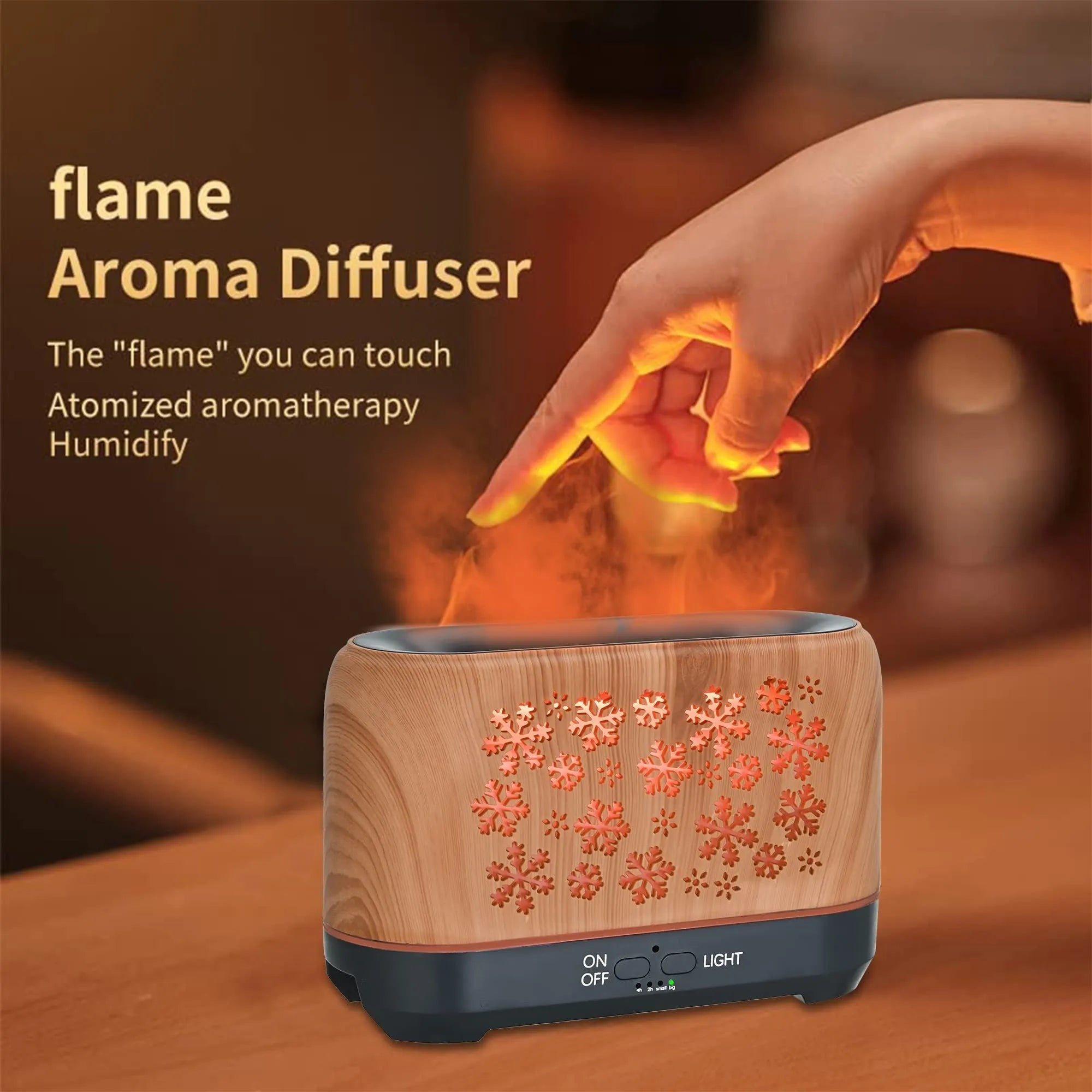 Square snowflake pattern humidifier with colourful flame effect and remote control on desktop