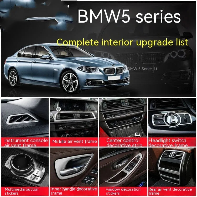 Set of four silver and black decorative trim strips for BMW 5 Series interior door handles.