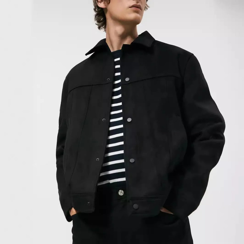 Men's black hooded jacket with suede collar showing side seam pockets and regular cut design