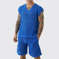 Men's blue cotton v-neck vest and matching shorts summer sports set