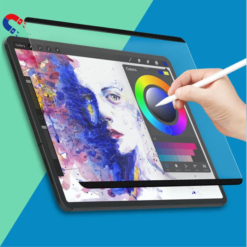 Magnetic detachable writing film for iPad on a tablet, showing application tools.