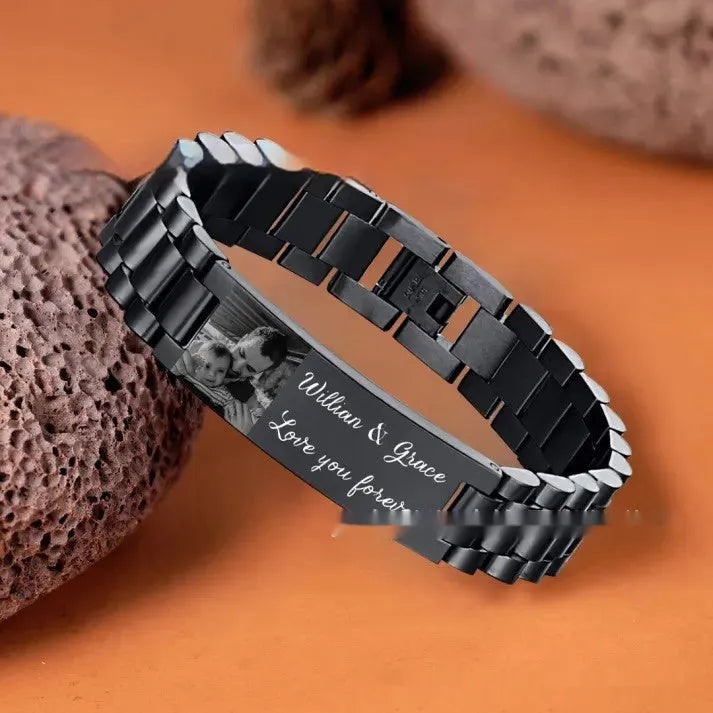Titanium steel curved bracelet with engraved lettering in black or grey options