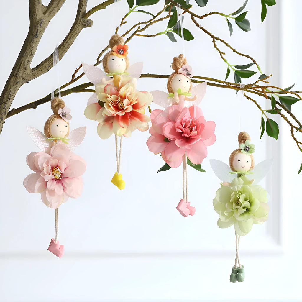 Cute cloth elf flower angel pendant for Easter decoration in dark pink, pink, green, and yellow colours.