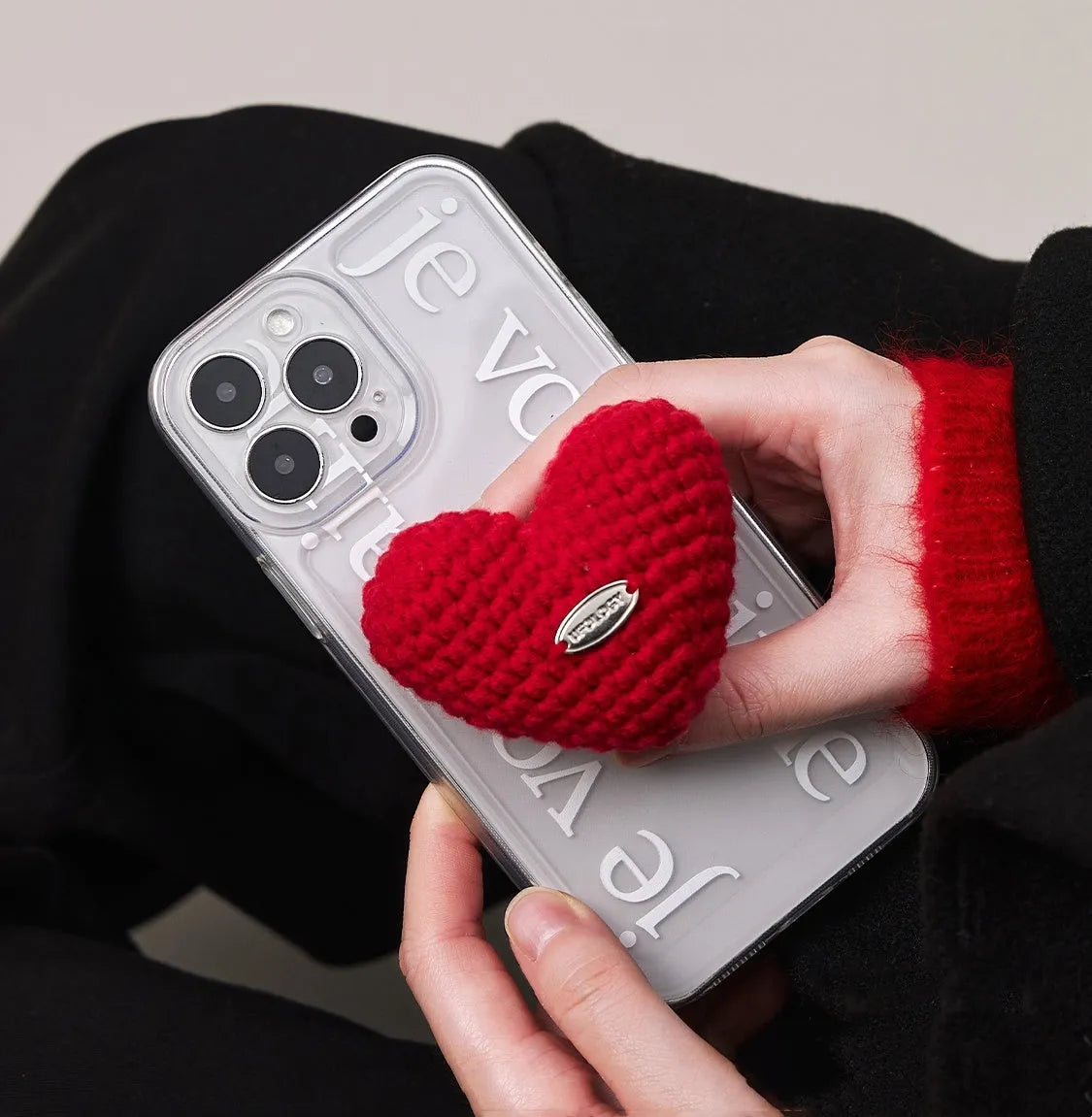 Original Knitted Love Stand phone case for iPhone, TPU glass back, retro Japanese Korean style, black or white, heart bracket option.