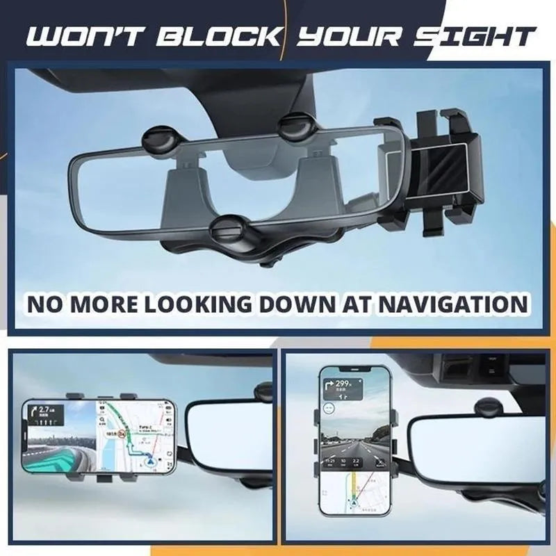 Black rearview mirror car phone holder showing 360-degree rotation and telescopic arm extension.