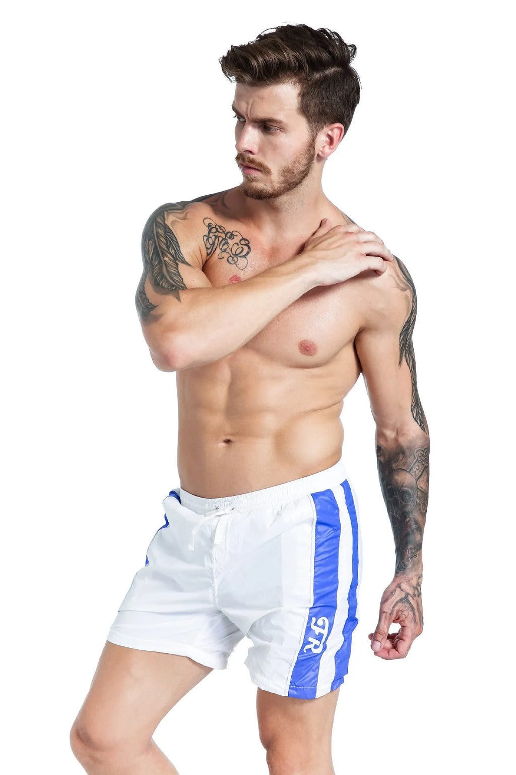 Blue men's slim fit polyester sports shorts with padding and a lace-up waistband on a white background.