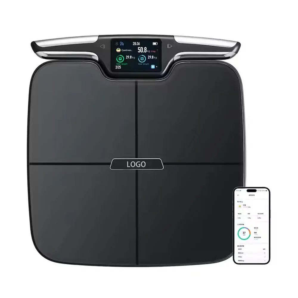 Black eight-electrode body fat intelligent scale showing display and platform