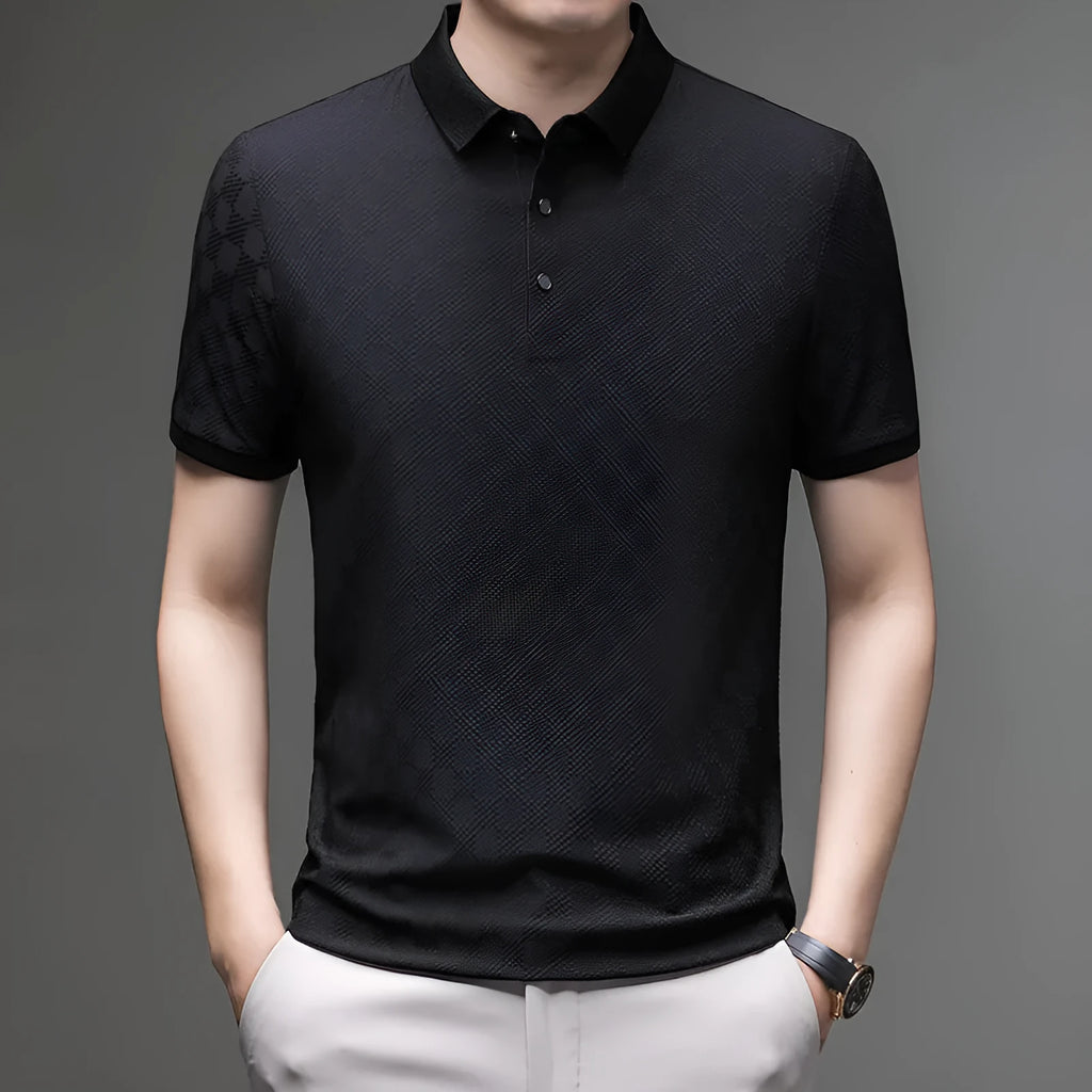 Rhombus thin ice silk short sleeve t-shirt in black showing slit detail on a hanger.