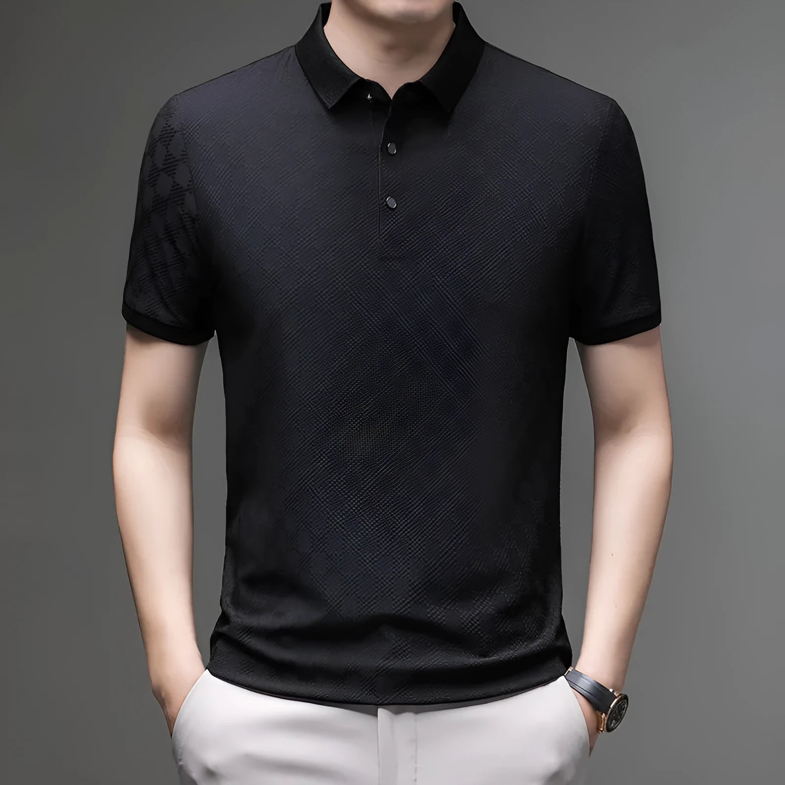 Rhombus thin ice silk short sleeve t-shirt in black showing slit detail on a hanger.