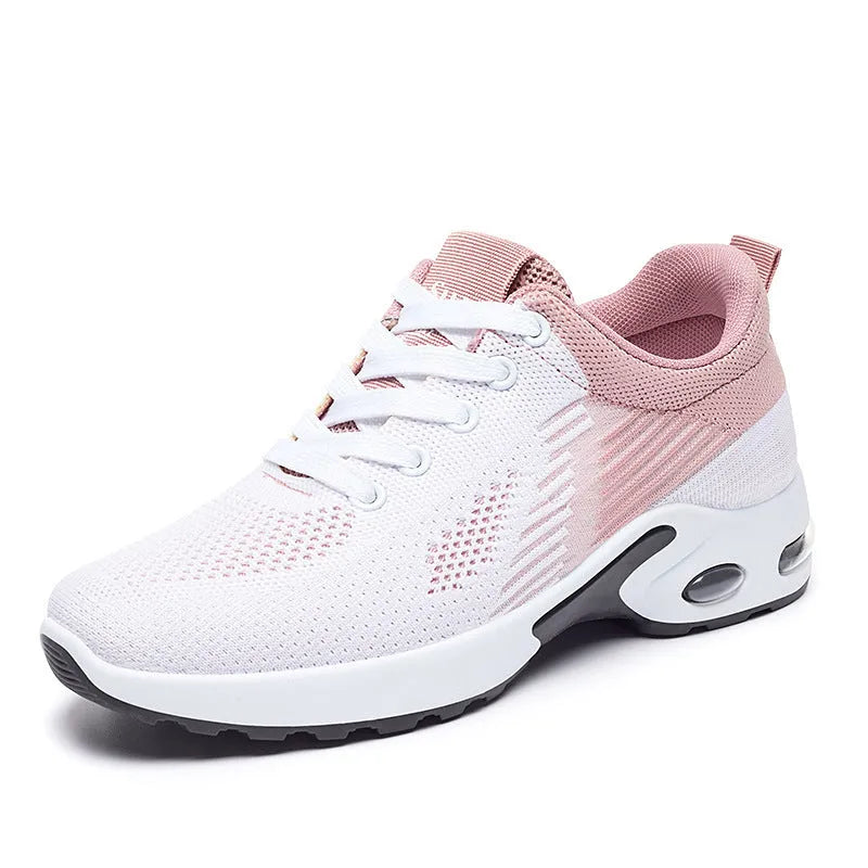 Women's Flyknit running shoes with striped pattern, breathable mesh lining, and PVC soles in multiple colour options