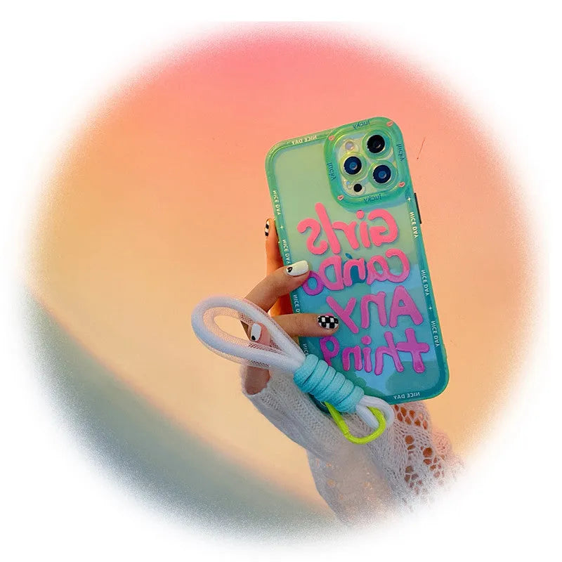 Graffiti art lanyard phone case for Apple iPhone with detachable strap in mint green colour