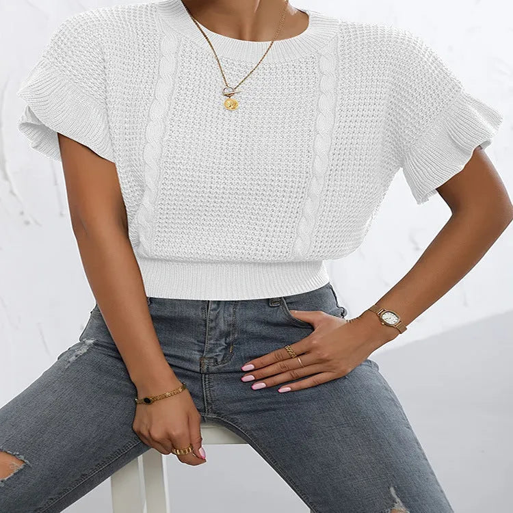 Twisted string ruffle sleeve knitted pullover sweater in Japanese Korean casual style