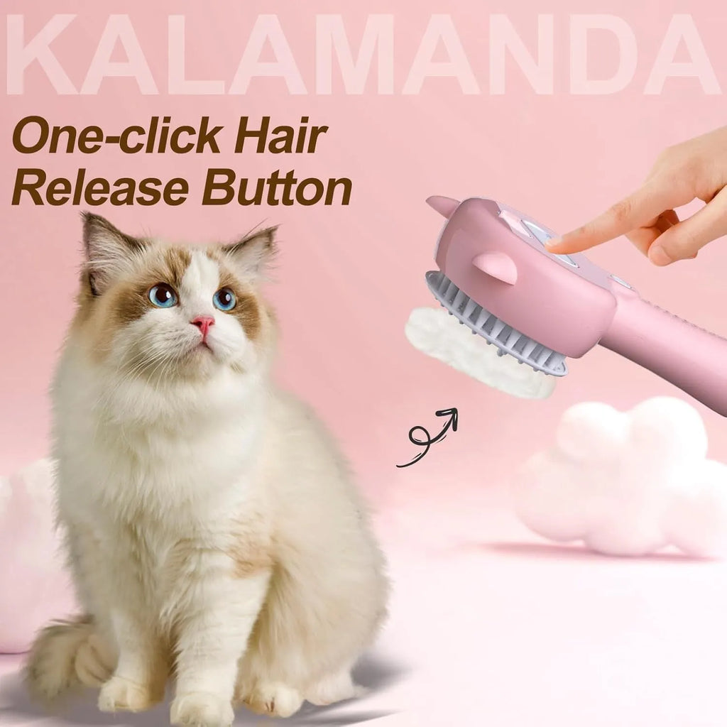 Blue cat steam brush with rubber bristles and ergonomic handle for pet grooming