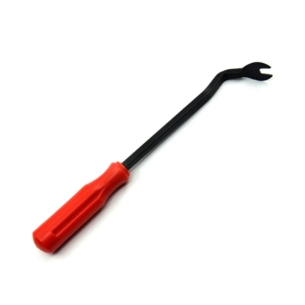 Red-handled steel automotive nailing tool for General Motors door panels
