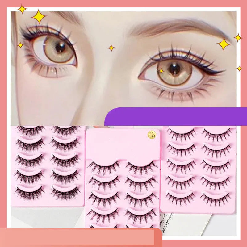 Pack of 15 pairs of natural wispy manga false eyelashes on black plastic bands for cosplay.
