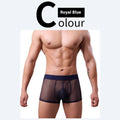 Men's solid colour thin polyester boxers in black, shown flat.