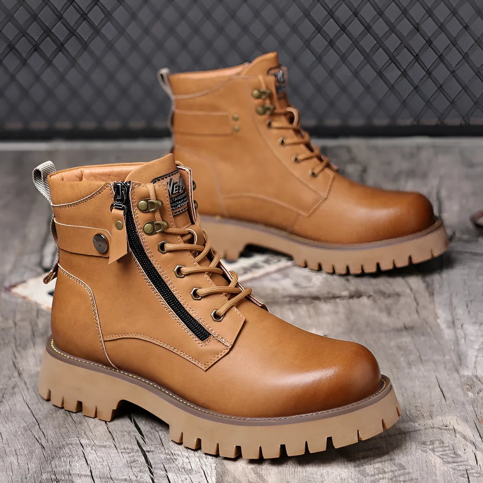 Men's brown high-top leather Martin boots with side zipper and round toe on a non-slip rubber sole.