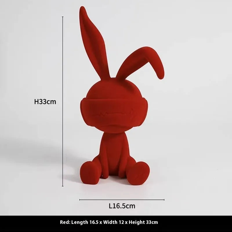 Suede blindfold rabbit resin table ornament in blue, green, or red colour options